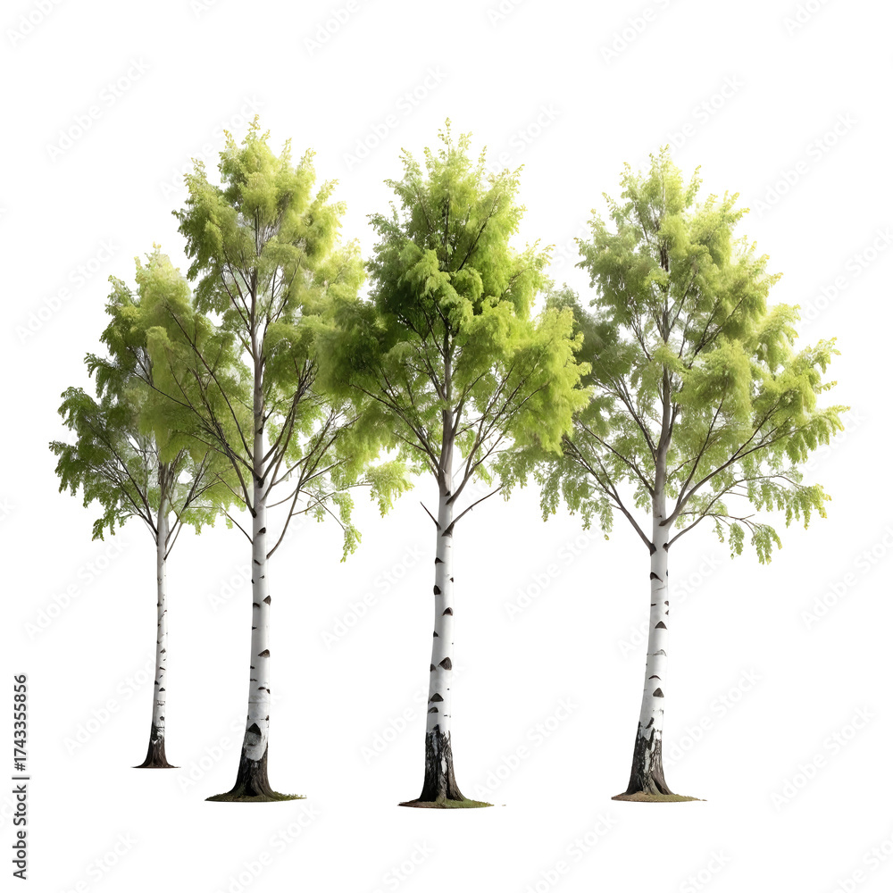 Fototapeta premium Group of slender trees with white-marked bark and green leafy crowns against black