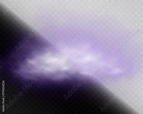 Purple glowing smoke trail with sparkling dust and light particles on transparent background, fantasy magical mist with glitter and soft illumination effect.
