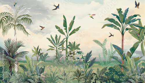 Tropical Garden Wall Mural,Sukoon Luxury Wallpapers for Premium Homes, Watercolor Background.