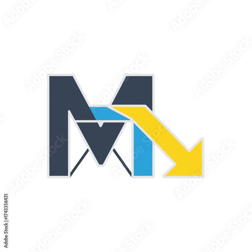Modern geometric logo design featuring a stylized letter M with an integrated yellow arrow pointing downwards, symbolizing direction, data transfer, or financial decline