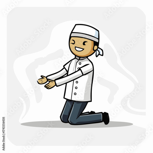 Illustration of a smiling chef kneeling and presenting a dish on a white background with a subtle steamy effect.