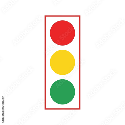A minimalist flat design vector illustration of a traffic light showing red, yellow, and green lights for controlling vehicle flow and pedestrian safety