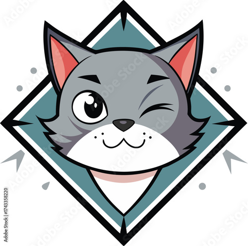 Cute winking gray cat face inside a diamond emblem