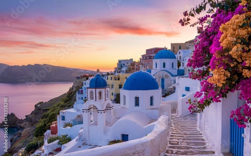 Santorini Oia Sunset With Iconic Blue Domes Over Aegean Sea And Cliffside Houses