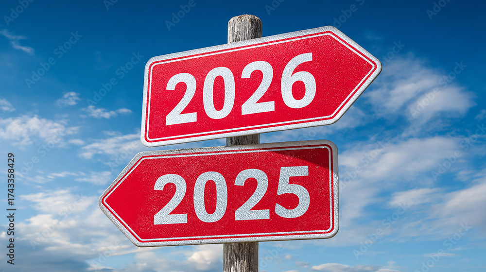 Obraz premium Red directional road signs pointing to the years 2025 and 2026 against a clear blue sky symbolizing transition and choices for the new year and future planning
