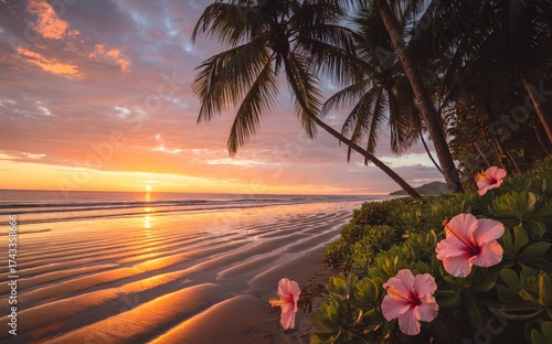 Tropical Beach Sunset Path Framed by Palm Trees, Hibiscus Flowers and Turquoise Ocean Waves