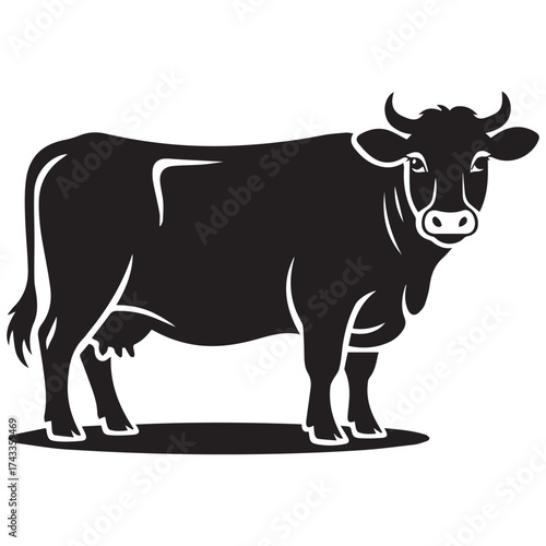 A detailed black silhouette of a standing cow with horns and udders