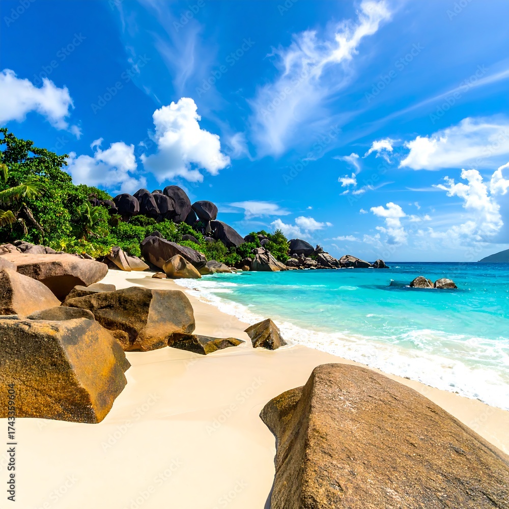 Obraz premium Pristine beach with white sand, turquoise water, and large rocks