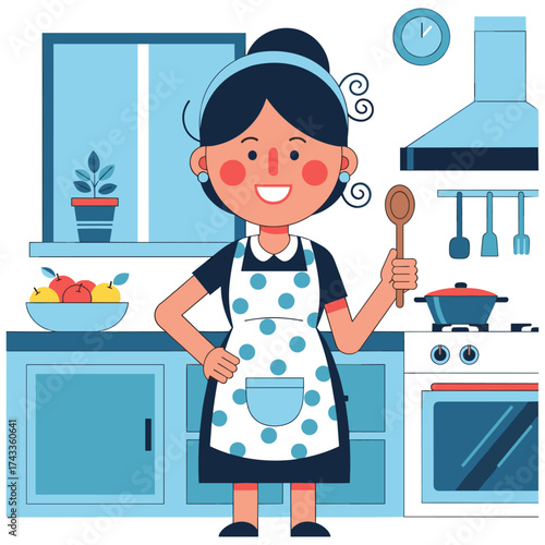Housewife in kitchen, Minimalistic kitchen icon logo flat vector design