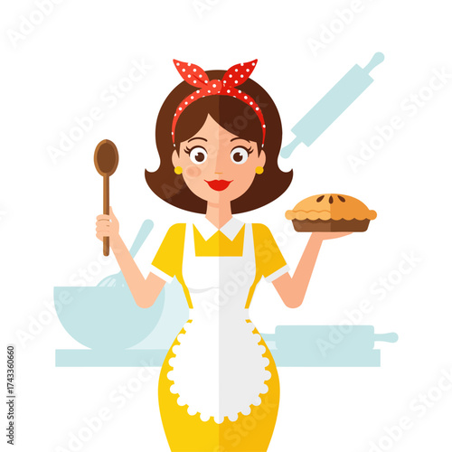 Housewife in kitchen icon logo flat vector design