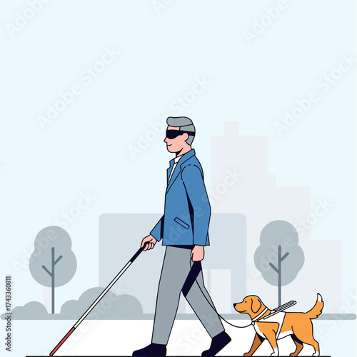 A blind man walking with his dog icon logo flat vector design