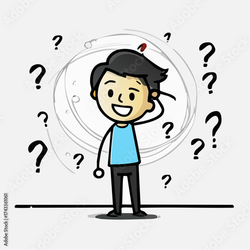 A cheerful cartoon man with dark hair and a blue shirt stands confidently with one hand on his head surrounded by floating question marks in a circular motion against a clean white background.