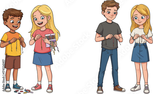 Cartoon children making friendship bracelets, boy and girl pairs, colorful threads, crafting activity, creative teamwork, cheerful playtime, educational illustration