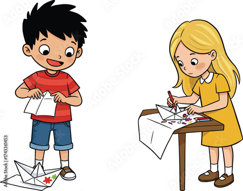 Cartoon children making paper boats, boy and girl characters, folding and decorating craft, creative playtime, colorful activity, educational illustration