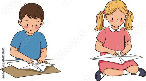 Cartoon children making paper airplanes, boy and girl characters, creative folding activity, focused playtime, white paper craft, educational illustration