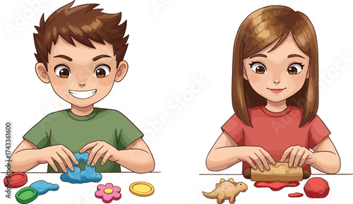 Cartoon children playing with modeling clay, boy and girl characters, colorful creations, tactile activity, creative learning, educational craft illustration