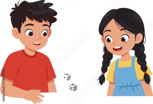 Cartoon children rolling dice, boy and girl playing, game activity, probability concept, fun learning scene, colorful illustration, math play