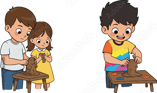 Cartoon children sculpting clay figures, teamwork and creativity, colorful modeling activity, animal shapes, educational craft, playful learning, cheerful illustration