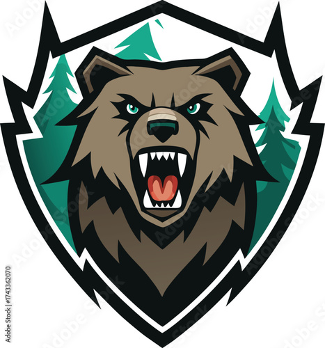 Fierce grizzly bear roaring in a forest emblem