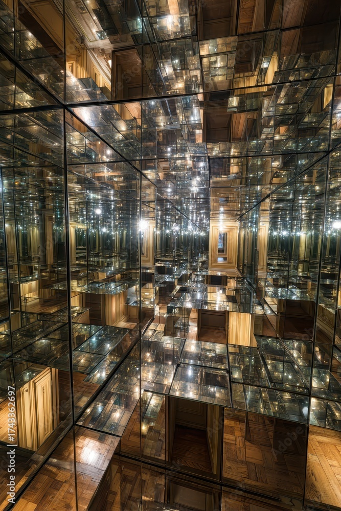 Fototapeta premium Surreal Hall of Mirrors Creating a Disorienting, Endless Golden Labyrinth of Light.