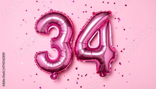 Pink balloon number 34 with confetti on solid colored background. Photo for anniversary or birthday party