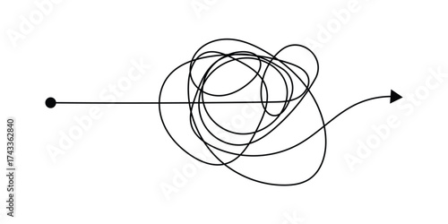 Messy tangle continuous one line drawing of chaos and confusion turning into a clear path and target. Problem solving, goal achievement, and brainstorming process concept in eps 10.