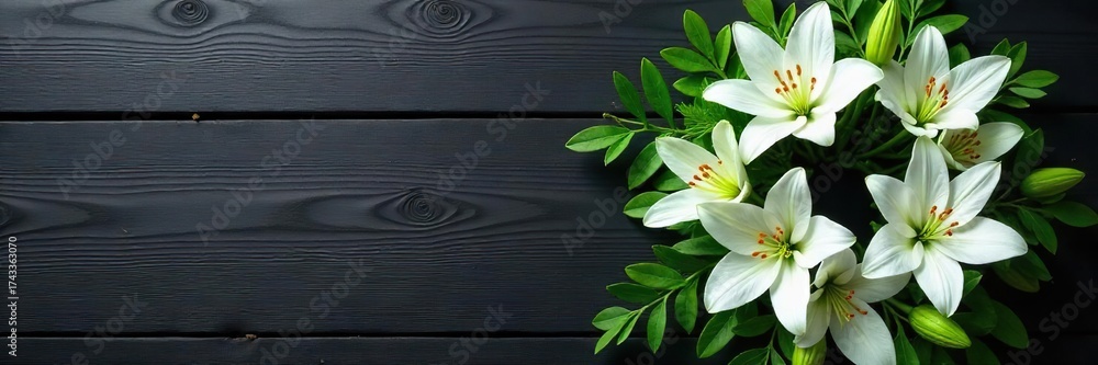 Fototapeta premium Elegant White Lily Funeral Wreath on Dark Wood A Somber yet Refined Remembrance