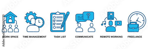 Work from home icon set In Blue Monochrome Flat Design, Vector Illustration concept relate to icon of wfh with icon of workspace, time management, task list, communicate, remote working and freelance
