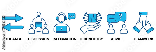 Communication icon set In Blue Monochrome Flat Design, Vector Illustration concept relate to icon of exchange, discussion, information, technology, advice, and teamwork