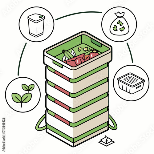 Compost bin with food scraps and yard waste concept of organic waste recycling