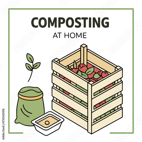 Illustration of a wooden composting bin with food scraps and leaves, promoting composting at home