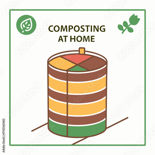 Illustration of a compost bin for composting at home, showing the layers of organic material inside