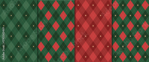Christmas rhombus seamless pattern. Red and green xmas plaid texture with gold line. Argyle geometric diamond pattern. Christmas abstract design wrapping. Vector illustration isolated on background.