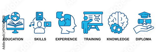 Qualification icon set In Blue Monochrome Flat Design, Vector Illustration concept relate to icon of employee recruitment and positioning with icon of education, skills, experience, training, knowledg