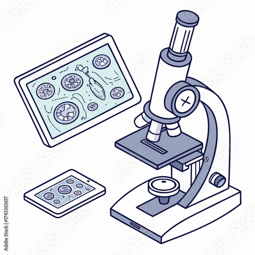 Microscope with tablet and smartphone showing cells, science and technology concept
