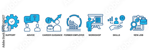 Outplacement icon set In Blue Monochrome Flat Design, Vector Illustration concept relate to icon of support, advice, career guidance, former employer, workshop, skills, new job, training, and presenta
