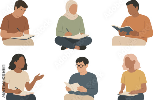 People engaged in reading and writing, depicting a diverse group immersed in education and creativity.