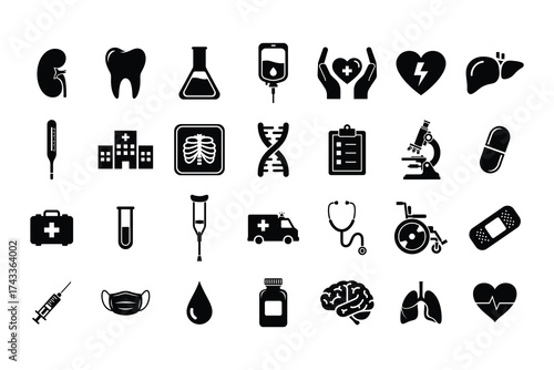 Medical Healthcare Icons Set – Hospital Equipment Silhouette Vector