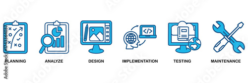 Software development icon set In Blue Monochrome Flat Design, Vector Illustration concept relate to icon of planning, analyze, design, implementation, testing, integration, and maintenance