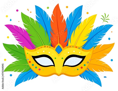 Cartoon mask adorned with vibrant feathers and confetti against white. Cheerful, festive, and colorful illustration