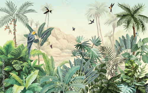 Watercolor Landscape Wallpaper Wall Decor Home Renovation Wall, Tropical Mural Illustration.