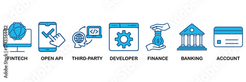 Open banking icon set In Blue Monochrome Flat Design, Vector Illustration concept relate to icon of financial technology with an icon of the fintech, coding, open API, finance, banking, third party de