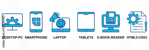 Responsive web design icon set In Blue Monochrome Flat Design, Vector Illustration concept relate to icon of desktop-pc, smartphone, laptop, tablets, e-book-reader and html5-css3