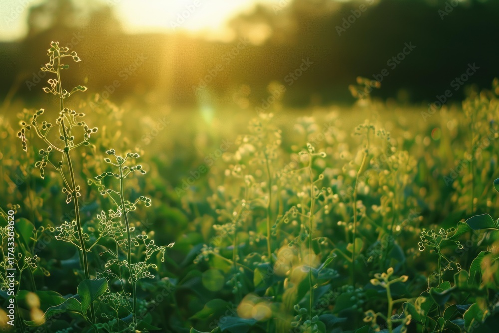 Obraz premium Tobacco plants growing in a field, bathed in the warm glow of the setting sun, creating a picturesque rural landscape