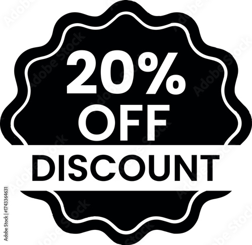 A striking black and white badge showcases a prominent 20 off discount message, perfect for promotional materials and marketing campaigns, conveying savings and value to customers