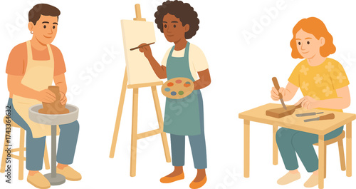 People engaged in different creative activities: pottery, painting, and woodworking, showing artistic expression and craftsmanship.