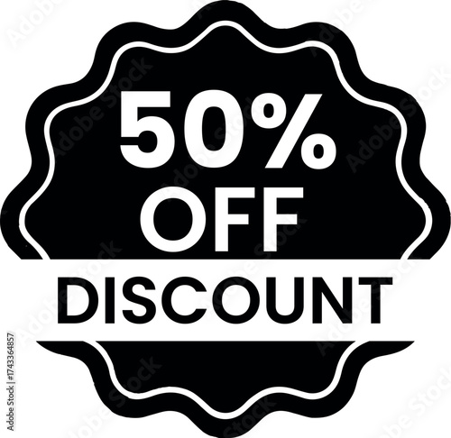 Promotional badge showcasing a 50 discount, ideal for marketing campaigns, sales promotions, and advertising materials to attract customers with significant savings
