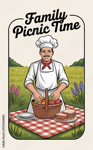 Smiling Chef Preparing Family Picnic Time Outdoors in Summer Field, Arranging Fresh Fruits and Sandwiches on Gingham Blanket for Leisure, Vacation, Relaxation, Food Service Advertising Illustration, C