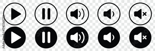 Sound volume level outline icon on circle line. Speaker icon vector. volume sign and symbol. loudspeaker icon. sound symbol, Sound Icon Vector isolated Volume icon set in black outline and fill eps