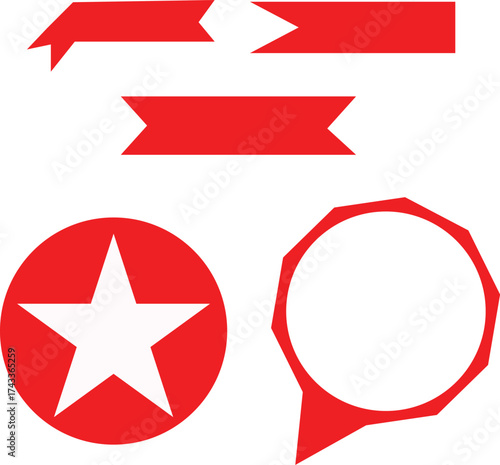 Red Ribbon Banner Shapes, Star Badge, and Pin Pointer Vector Set. Graphic Elements for Label, Sale, and Design